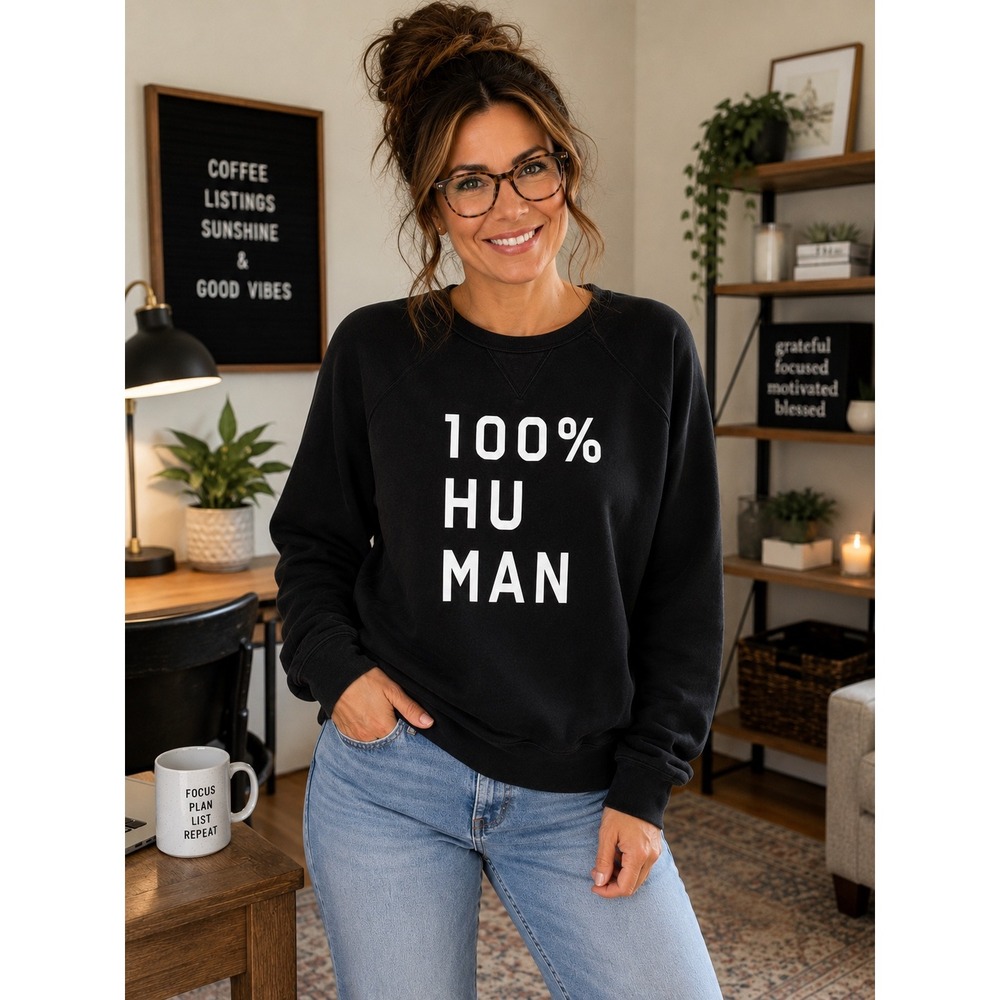 Everlane 100% Human Graphic Sweatshirt Black Crew Neck Raglan Large